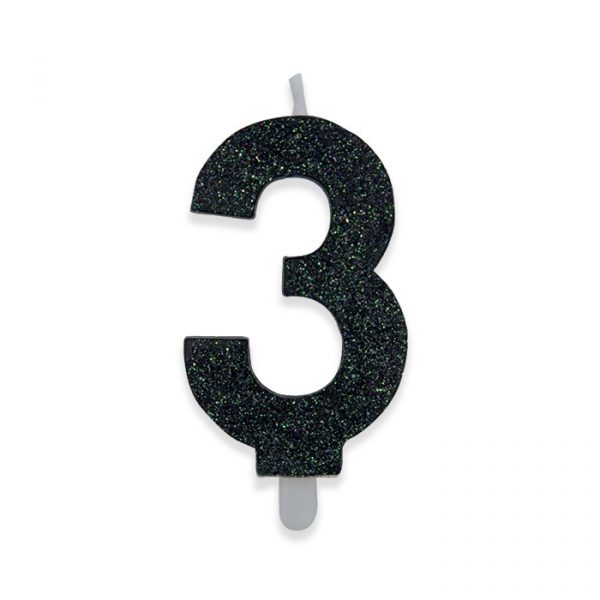 Candelina Sweety Nero Glitter 9 cm Numero 3