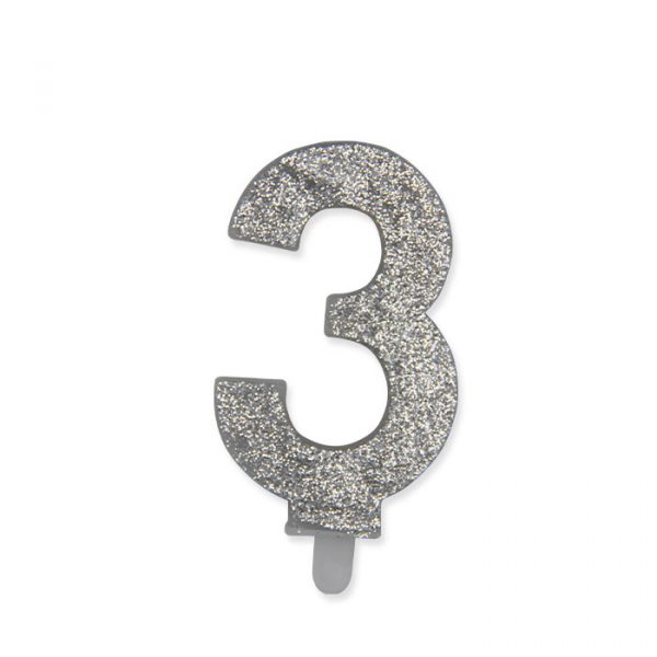 Candelina Sweety Argento Glitter 9 cm Numero 3