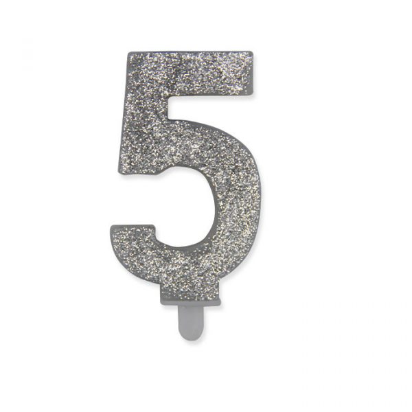 Candelina Sweety Argento Glitter 9 cm Numero 5