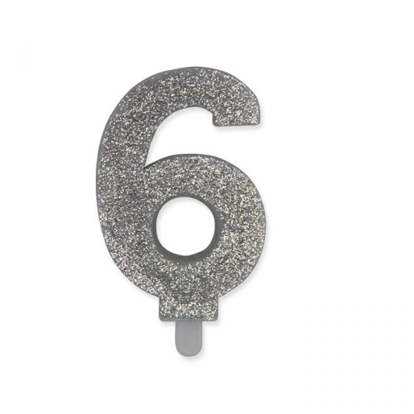 Candelina Sweety Argento Glitter 9 cm Numero 6