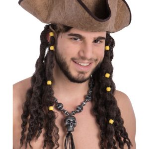 Cappello pirata in tessuto marrone con capelli e perline