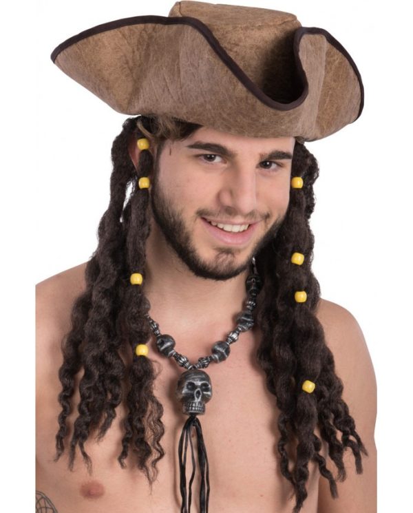 Cappello pirata in tessuto marrone con capelli e perline