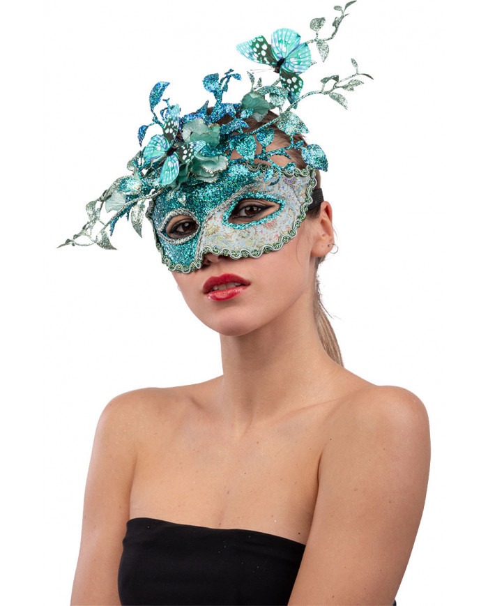 Maschera acquamarina in plastica con decorazioni floreali glitter e farfalle - immagine 1
