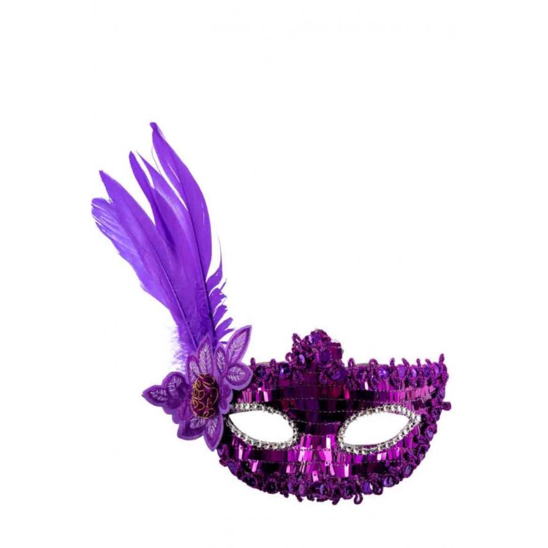 8004761012823_1 Maschera Viola in Plastica con Paillettes, Piume e Decorazioni - immagine 1