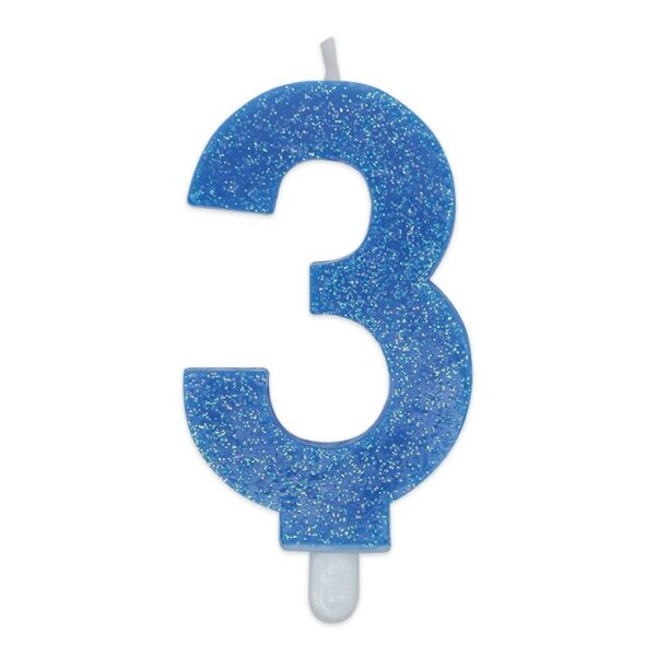 Candelina Sweety Celeste Glitter 9 cm Numero 3 - immagine 1