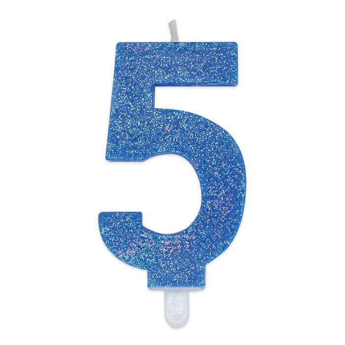 8020834737257_1 Candelina Sweety Celeste Glitter 9 cm Numero 5 - immagine 1