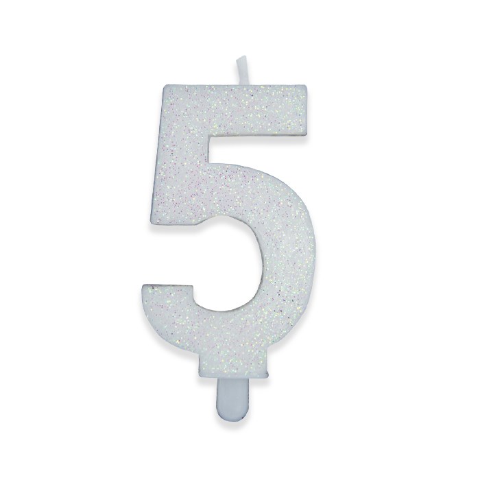 8020834738759_1 Candelina Sweety Bianco Glitter 9 cm Numero 5 - immagine 1