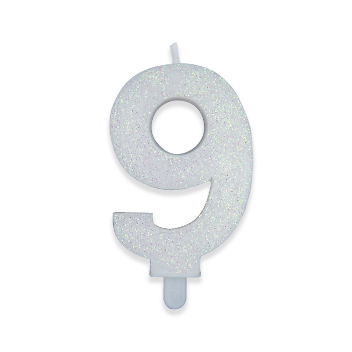 8020834738797_1 Candelina Sweety Bianco Glitter 9 cm Numero 9 - immagine 1