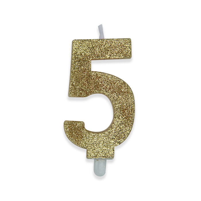 8020834738957_1 Candelina Sweety Oro Glitter 9 cm Numero 5 - immagine 1