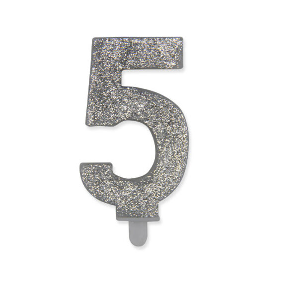 Candelina Sweety Argento Glitter 9 cm Numero 5 - immagine 1