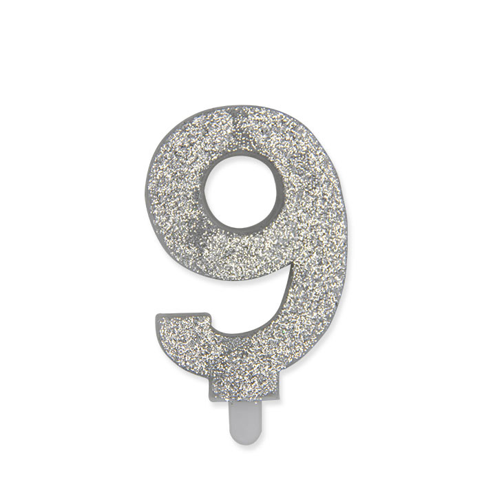 8020834739091_1 Candelina Sweety Argento Glitter 9 cm Numero 9 - immagine 1