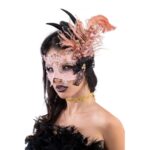 Maschera In Pizzo Rosa Con Piume